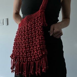 1970s Walborg Red Wood Beaded Macrame Hand Bag